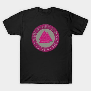 Vikings Distressed Valknut and Runes Pink and Silver T-Shirt